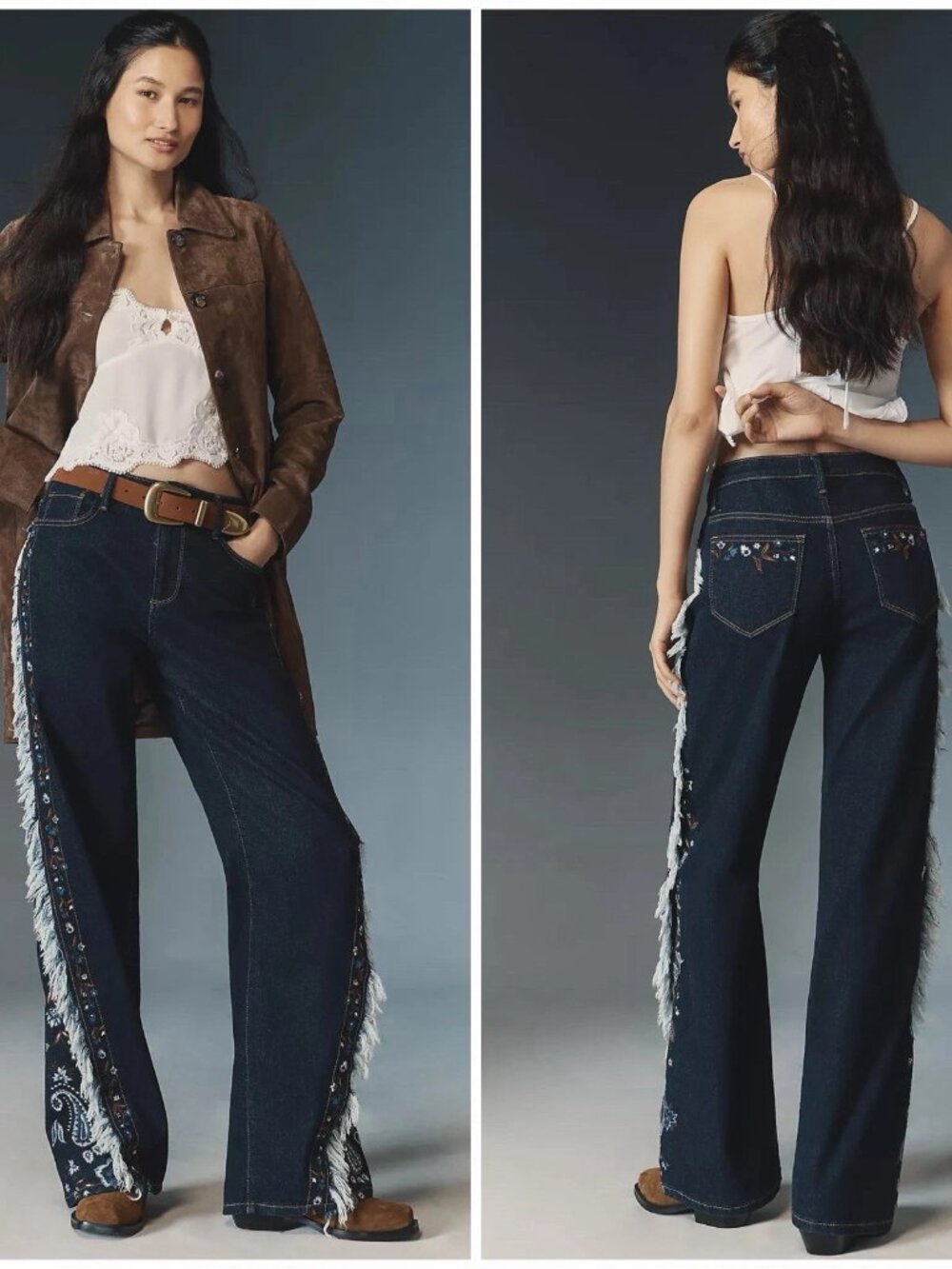 Driftwood Western Frankie High-Rise Wide-Leg Embroidered Fringe Jeans 30 X 32